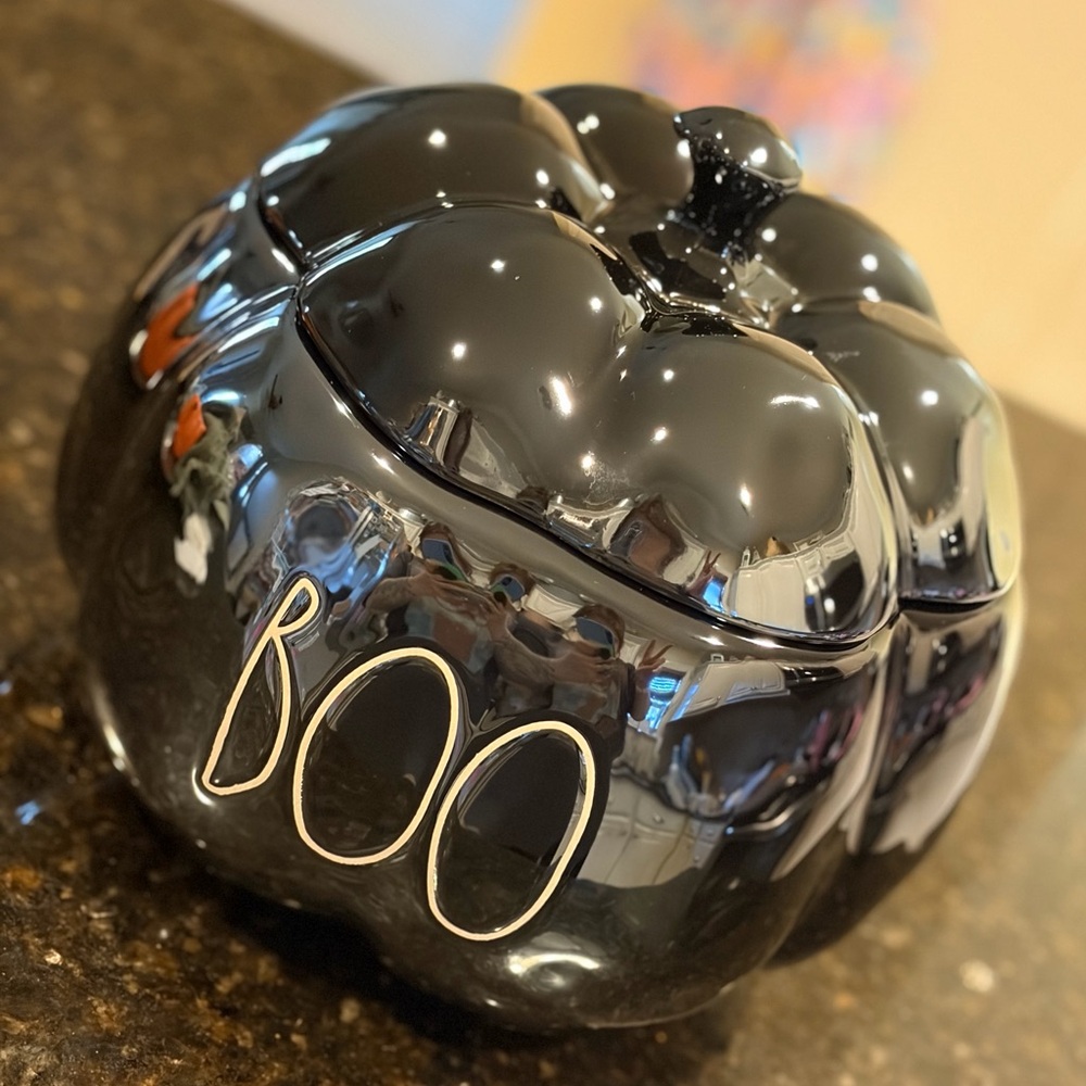 Large Rae Dunn "BOO" Black Pearl Luster Pumpkin Canister